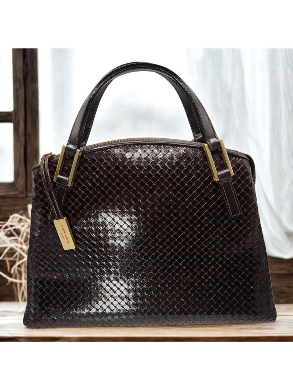 Vintage Stephane Kélian Brown Woven Leather Handbag Gold-Tone Accents